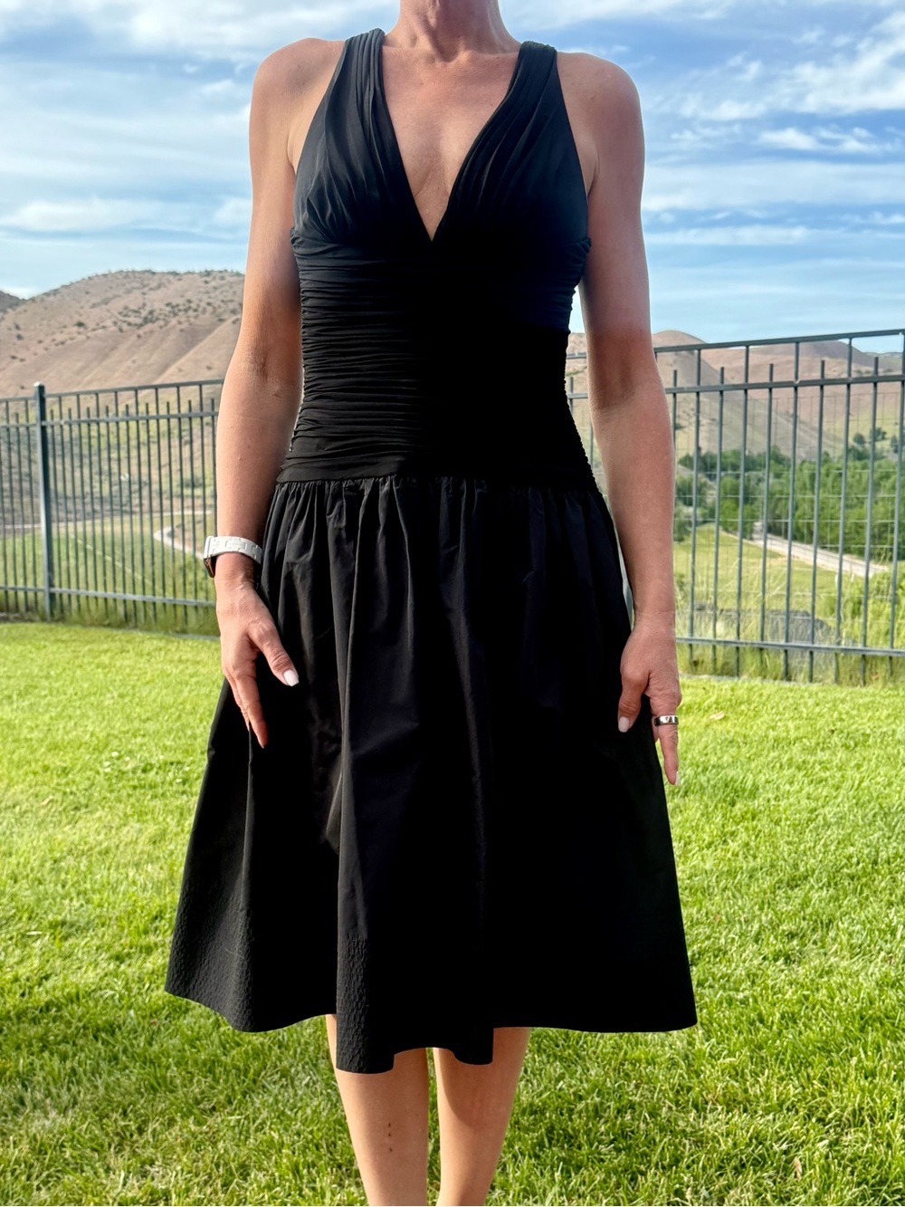 BCBGMaxAzria Black Ruched Bodice Midi Dress with Cross-Back Straps - Picture 10 of 11